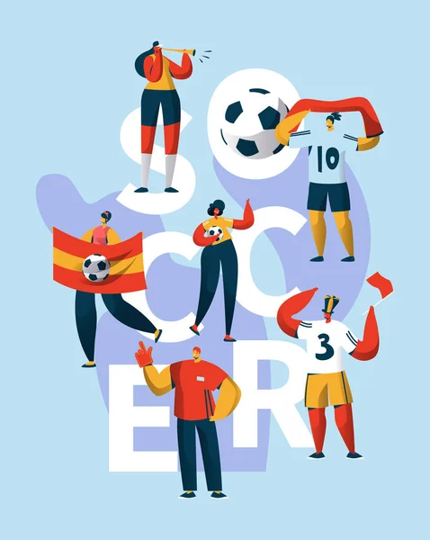 Banner tipografico di supporto per caratteri tifosi di calcio. La gente gioca al campionato di calcio. Simbolo della bandiera della competizione sportiva. Illustrazione piatta del vettore del fumetto di disegno verticale del manifesto di pubblicità di motivazione — Vettoriale Stock