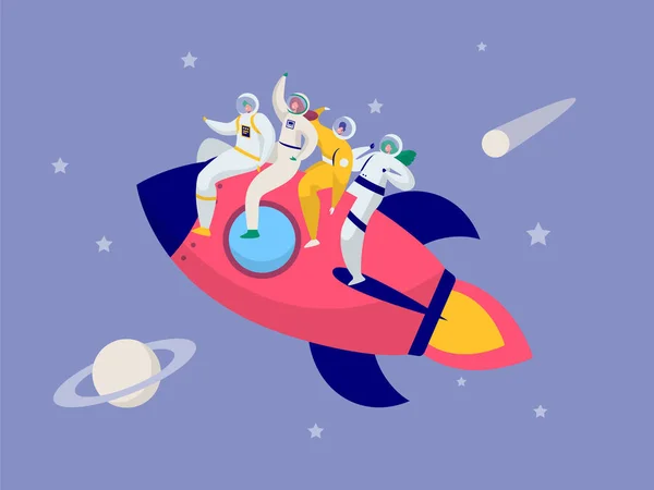 Astronauta Team Travel Rocket Intergalactic Space. La gente en la nave espacial vuela en el Sistema Solar a Saturno Cometa Estrella. Fantástico Explorador Transporte a la Luna Dibujos animados plana Vector Ilustración — Vector de stock