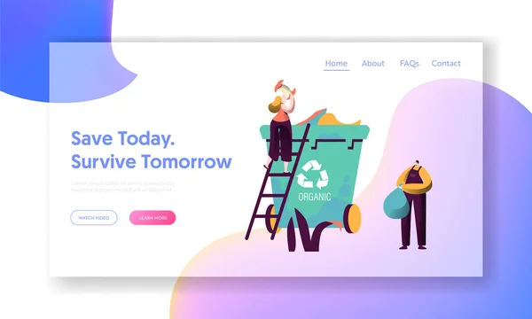 Recycle Sort Organic Landing Page (em inglês). Mulher jogue fora comida para recipiente de lixo para separação para reduzir a poluição ambiental. Reutilize a Página Web do Site do Lixo. Desenhos animados plano Vector Ilustração — Vetor de Stock