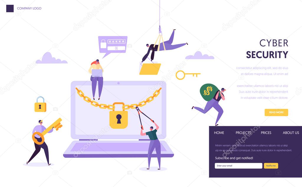 Internet Password Security Concept Landing Page. Man Steal Secure Finance Data from Laptop. Internet Hacker Attack Computer Protection Technology Website or Web Page. Flat Cartoon Vector Illustration