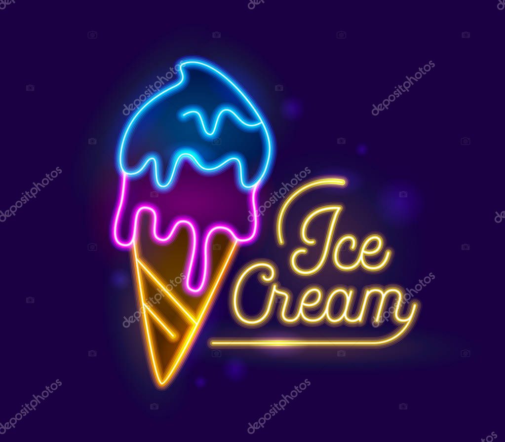 Ice Cream Neon Light Retro Typography Banner Design. Icecream Dessert Night Illuminated Glowing Sign. Fruit Sundae in Cone Food Element for Summer Advertising Poster Flat Cartoon Vector Illustration