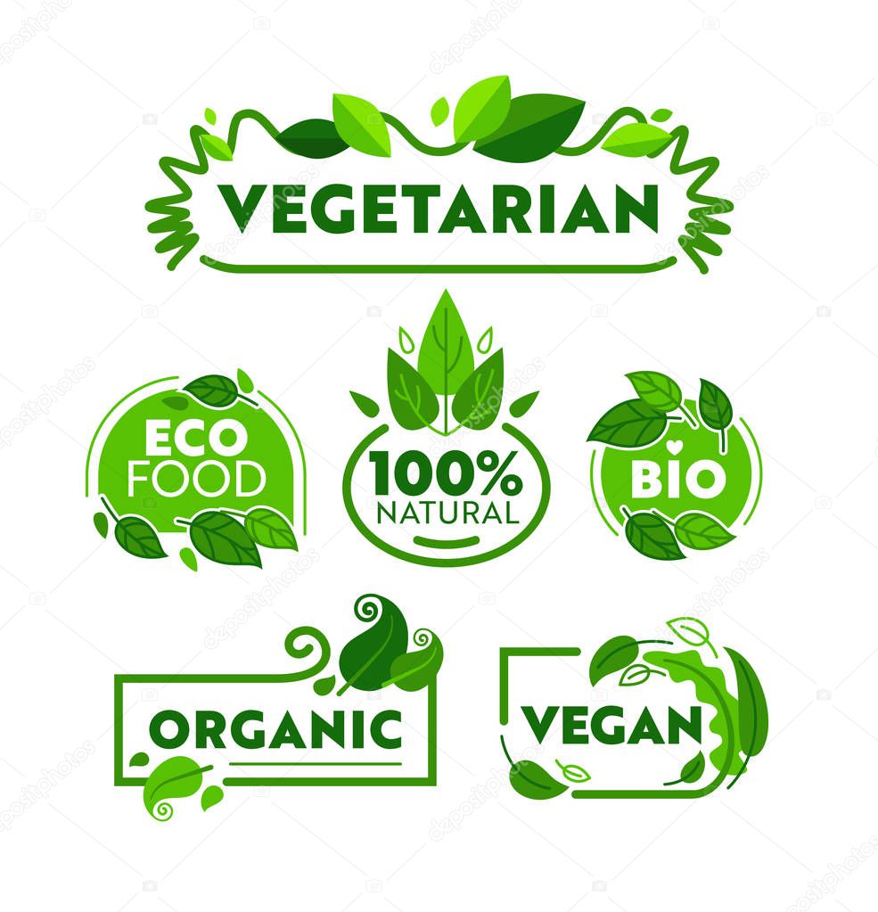 Green Eco Vegetarian Organic Food Icon Banner Set. Vegan Bio Nature Shop Badge Collection for Ecology Healthcare. Wellness Lifestyle Advertising Poster Flat Cartoon Vector Illustration