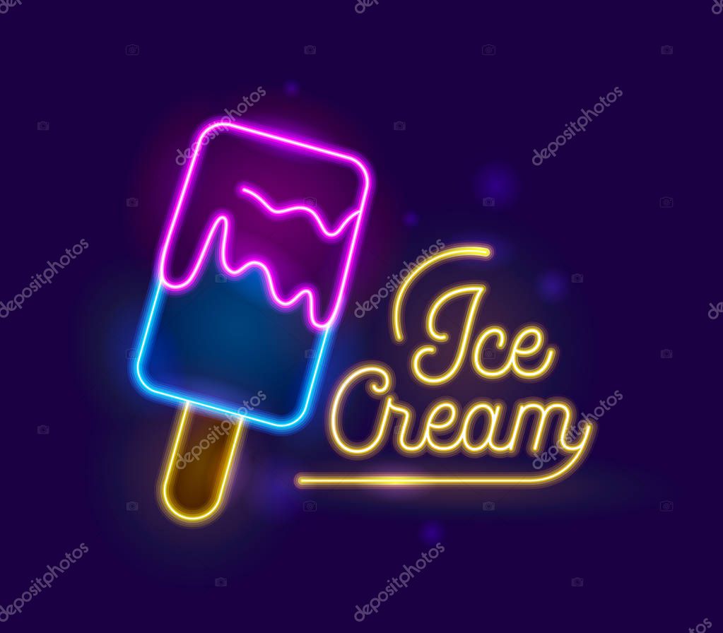 Ice Cream Neon Light Effect Retro Typography Banner Design. Icecream Dessert Night Electric Glowing City Sign. Fruit Sundae on Stick Food for Bar Advertising Poster Flat Cartoon Vector Illustration