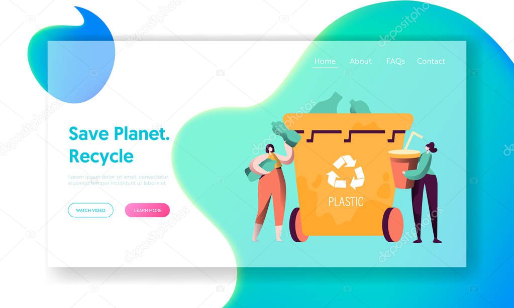 Recycle Sort Plastic Rubbish Landing Page. Woman Throw Away Cup to Trash Bin for Separation to Reduce Environment Pollution. Renew Garbage Website or Web Page. Flat Cartoon Vector Illustration
