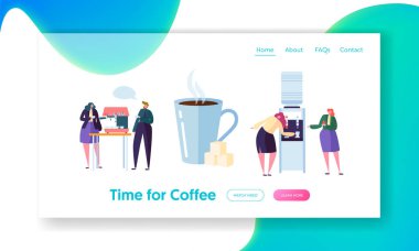 Office kahve molası saat açılış sayfa başlığı. İş insanlar karakter yemek yerim. Çalışanlar, konuşurken sıcak dinlenme ve içme çay Web sitesi veya Web sayfası. Düz çizgi film vektör çizim