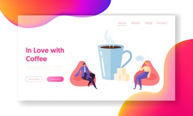 İş karakter sabahı kahve içmek sonu iniş sayfa. Profesyonel adam dinlenme ve konuşma büyük Kupası'nda. Kurumsal öğle yemeği zaman web sitesi veya Web sayfası. Düz çizgi film vektör çizim