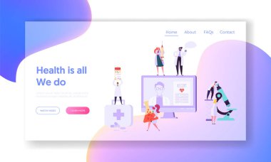 Açılış sayfası online Medicical sağlık kavramı. Hasta için dijital klinik alındı. Hastane Doktor karakter olun Internet Consultaion Web sitesi veya Web sayfası. Düz çizgi film vektör çizim