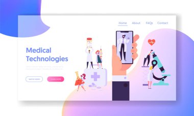 Online Tıp cihazları kavramı açılış sayfası. Doktor Danışma hizmeti için modern Smartphone uygulaması. Hastane teşhis teknoloji web sitesi veya Web sayfası. Düz çizgi film vektör çizim