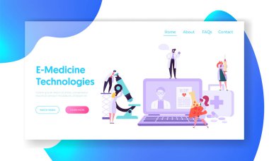 Online sağlık teknoloji kavramı açılış sayfası. Doktor karakter yardım tanı hasta insanlarla. İlaç Kimya donatım Web sitesi veya Web sayfası. Düz çizgi film vektör çizim