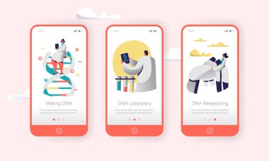 Genomu Dna deneysel laboratuvar karakter mobil App sayfa Onboard Ekran kümesi. Geleceğin Sağlık teknolojisi. İkili çifti tıp bilim Servisi Web sitesi veya Web sayfası. Düz çizgi film vektör çizim