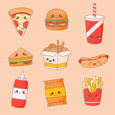 Fast Food önemsiz Kawaii sevimli yüzü küme. Hamburger ve sosisli Manga karakter etiket izole. Restoran menü simge seti. Komik Japon yemek Emoji Doodle düz çizgi film vektör çizim