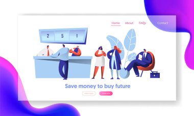 Neşeli Banka çalışanlarının ve resepsiyon açılış sayfası istemcide. Belge doğrultusunda bekleyen bir erkek. Erkek karakter iş tartışma web sitesi veya Web sayfası. Düz çizgi film vektör çizim