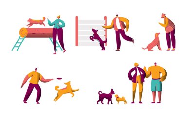 İnsan Traning köpek açık harcamak zaman birlikte küme. Adam kadın Holding Evcil hayvan. Koleksiyon mutlu insanlar evde beslenen hayvan komut öğretmek. Eğitmen paket düz çizgi film karakteri illüstrasyon izole.