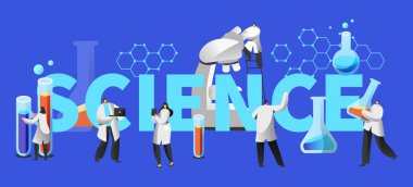 Bilim adamı Kimya Eğitim laboratuvar donatım tipografi Poster. Tıbbi Laboratuar Infographic, araştırma Flask tüp. Tıbbi Biyoloji tasarım mikroskop kavramı düz çizgi film vektör çizim test