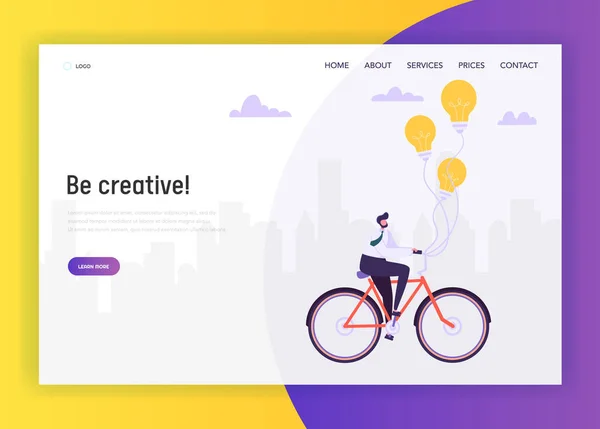 Ideia de negócio criativa Concept Landing Page Background. Empresário a andar de bicicleta para o trabalho. Personagem homem no terno na bicicleta com lâmpada site ou página da web. Desenhos animados plano Vector Ilustração — Vetor de Stock