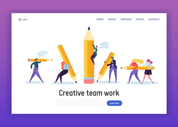 Business kreative Texter Teamwork Landing Page. gezeichnete Menschen mit Bleistift. Arbeitsziel der Blogger. Erfolgreiche Webseite oder Webseite für Ausbildungsberufe. flache Zeichentrickvektorillustration — Stockvektor