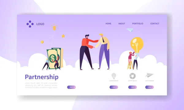 Empresarios agitando manos, acuerdo de asociación Handshake Landing Page. Concepto de acuerdo de reunión. Personas Personaje Negocio Cooperación Sitio web o página web. Ilustración plana del vector de la historieta — Archivo Imágenes Vectoriales