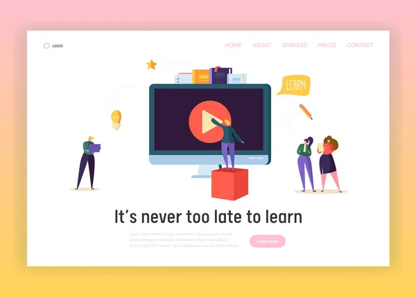 Online iş eğitim kavramı açılış sayfası. E-öğrenme okul Video ders bilgisayar teknolojisi ile. Öğrenci karakter öğrenin edebiyat Web sitesi veya Web sayfası. Düz çizgi film vektör çizim — Stok Vektör