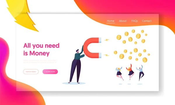 Financial Business Income Growth Concept Landing Page (em inglês). Personagem Empresário Ganhar Dinheiro Lucro com Grande Ímã. Investimento Sucesso Background Website ou Web Page. Desenhos animados plano Vector Ilustração —  Vetores de Stock