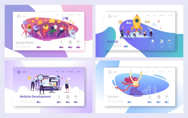 Business Startup Marketing Landing Page Development Set. Rocket Technology for Project Seo Advertising. Social Media Mobile Data Presentation Website or Web Page (en inglés). Ilustración plana del vector de la historieta — Vector de stock