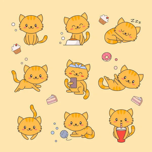 Söt kattunge Kawaii klistermärke teckenuppsättning. Katt med Anime Face olika Emoji Design för Doodle. Komiska djur kärlek Element Kit för barn. Roliga husdjur ikonen platt tecknade vektorillustration — Stock vektor