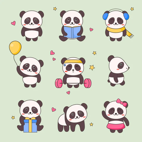 Sevimli Panda Kawaii karakter etiket kümesi. Beyaz siyah ayı Anime ile çeşitli Emoji tasarım Doodle için yüz. Komik hayvan hediye öğesi Kit çocuklar için. Komik simge seti düz çizgi film vektör çizim