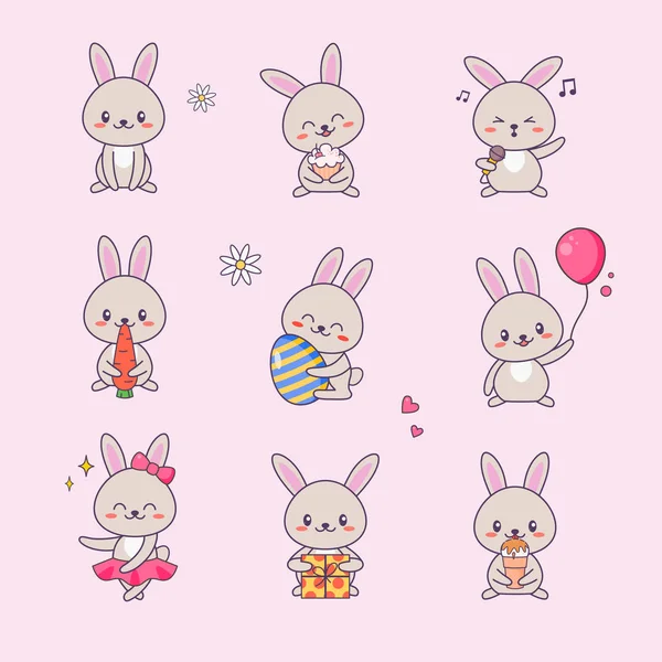 Lindo juego de etiquetas de carácter Bunny Kawaii. Conejo con cara de anime Dibujo de varios emojis para Doodle. Comic Animal Love Symbol Kit para niños. Divertida colección de mascotas plana de dibujos animados Vector Ilustración — Archivo Imágenes Vectoriales