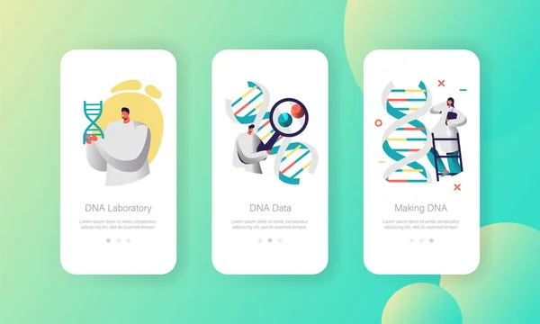 Doctor Explore Genome Pair en DNA Cell Mobile App Page Set de pantalla integrado. Tecnología de Salud Moderna. Sitio web del servicio médico binario o página web. Ilustración plana del vector de la historieta — Vector de stock