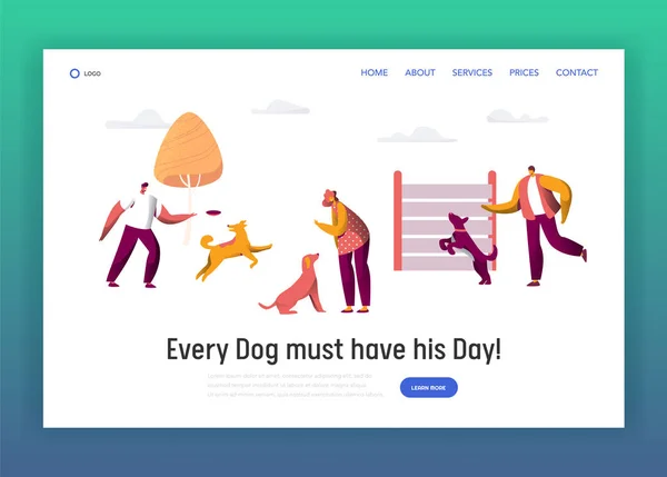 Власник Тренувальної команди Різні Funny Dog Landing Page. Колекція Happy Man Woman Pet Play Torether. Дружба між тваринним і людським веб-сайтом або веб-сторінкою. Плоский мультфільм Векторні ілюстрації — стоковий вектор