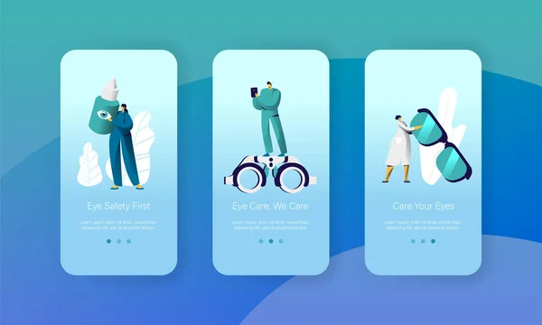 Oftalmologia Medico Test di vista Mobile App Page Schermo di bordo Set. Uomo personaggio oculista con analisi del telefono Salute degli occhi. Trattamento Occhiali Focus Sito web Flat Cartoon Vector Illustrazione — Vettoriale Stock