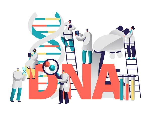 DNA Medical gen Test typografie Banner. Wetenschapper Team onderzoek in het genoom chemisch laboratorium. Man met Vergrootglas verkennen chromosoom paar motivatie Poster platte Cartoon vectorillustratie — Stockvector