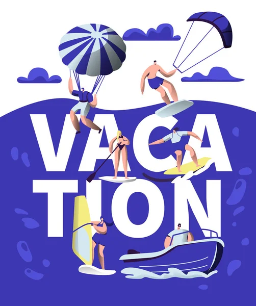 夏季假期运动冒险排版横幅。海滩风活动设备。创意水上运动骑行激励海报。海上假日休闲旅游平面卡通矢量插画 — 图库矢量图片
