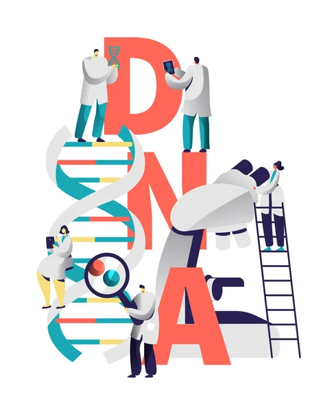 Banner da tipografia do equipamento médico espiral do ADN. Genoma de Pesquisa de Personagens Cientistas no Laboratório de Biologia. Homem com Lupa Explorar Cromossomo Sangue Carta Poster Flat Vector Cartoon Ilustração —  Vetores de Stock