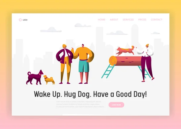 Perro y hombre pasan tiempo juntos Página de aterrizaje. Propietario Comando de entrenamiento Diferente perro divertido. Hombre feliz jugar con mascotas. Sitio web o página web de Amistad con Animales y Personas. Ilustración plana del vector de la historieta — Archivo Imágenes Vectoriales