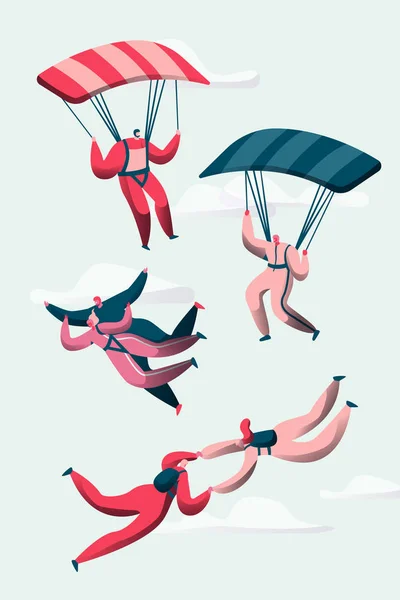 Grupo de Skydivers Voa Entre Nuvens. Happy People Aviões com pára-quedas. Conjunto de conceitos Extreme Sport e Skydiving. Homem e Mulher Personagem no Céu. Desenhos animados plano Vector Ilustração —  Vetores de Stock