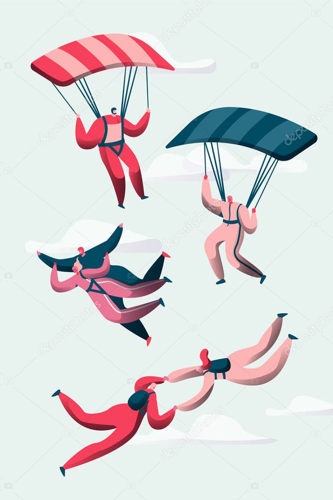 Group of Skydivers Fly Between Clouds. Happy People Planes with Parachutes. Extreme Sport and Skydiving Concept Set. Man and Woman Character in Sky. Flat Cartoon Vector Illustration