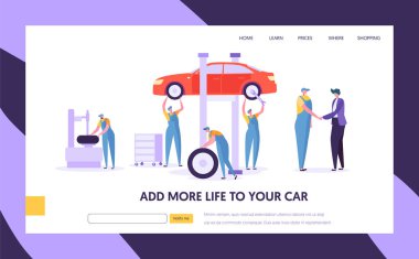 İnsanlar karakter tek tip onarım arabada benzin istasyonu açılış sayfası. Ekipman ve yedek parça oto tamir için. Profesyonel hizmet kavramı Web sitesi veya Web sayfası. Düz çizgi film vektör çizim