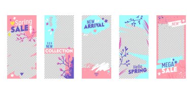 Instagram hikaye şablonu Mega bahar Satılık mobil App sayfa Onboard ekran kurulum. İçerik için yaratıcı benzersiz tasarım. Sosyal medya arka plan Web sitesi veya Web sayfası. Düz çizgi film vektör çizim