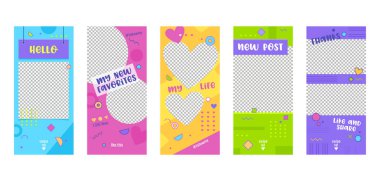 Instagram renkli şablonu mobil App kümeleme Onboard ekran seti. Modern pembe yeşil sarı tasarım. Kullanım sosyal medya arka plan Web sitesi veya Web sayfası olabilir. Düz çizgi film vektör çizim