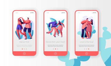 Çift birlikte hareket eden App sayfa Onboard ekran kurulum dans. Oğlan ve kız ortak adım dans yap. Etkin tarih boş. Sevenler için Web sitesi zaman kavramı tadını çıkarın. Düz çizgi film vektör çizim