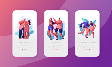 Çift dinlenme dans birlikte hareket eden App sayfa Onboard ekran kurulum. Mutlu ortak aşk kalmak eğlenceli dans konum. Web sitesi için etkin boş kavramı. Düz çizgi film vektör çizim