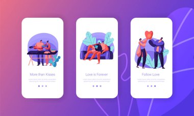 Aşık çift sakin ol boş olarak mobil App sayfa Onboard ekran seti. Erkek ve kadın kanepe kavramı üzerinde Web sitesi için yalan piknik başlatmak gökyüzü fener için salata hazırlayın. Düz çizgi film vektör çizim