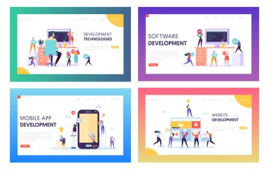 İnsanlar karakter yapmak yazılım geliştirme açılış sayfası. Akıllı telefon ve bilgisayar ekran kurulum üzerinde programlama kodu. Konsept Web sitesi veya Web sayfası kodlama. Düz çizgi film vektör çizim
