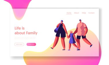 Açılış sayfası alışveriş üzerinde mutlu bir aile. Anne ve baba yürüyüş küçük kızı el Web sitesi veya Web sayfası tutun. Çift dükkanı. Kadın taşıma çantası. Düz çizgi film vektör çizim