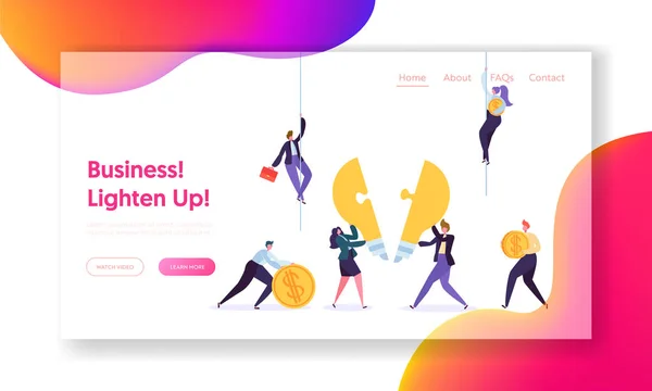 Creative Teamwork Business Innovation Concept Landing Page (em inglês). Personagem Masculino e Feminino Segure o Sinal de Dinheiro. As pessoas fazem peças de quebra-cabeça do site da lâmpada de luz ou página da web. Desenhos animados plano Vector Ilustração — Vetor de Stock