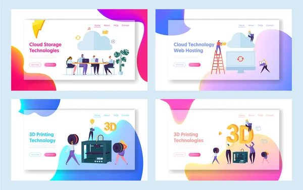 As pessoas trabalham em Cloud Space Landing Page. Personagem Masculino e Feminino Faça Conjunto de Impressão de Tecnologia 3D. Hospedagem Website ou Web Page. Gerenciamento de Trabalho em Equipe Ilustração de Vetor de Desenhos Animados Planos — Vetor de Stock