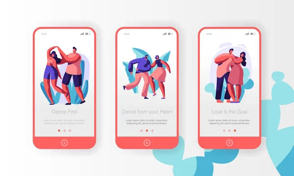 Çift birlikte hareket eden App sayfa Onboard ekran kurulum dans. Oğlan ve kız ortak adım dans yap. Etkin tarih boş. Sevenler için Web sitesi zaman kavramı tadını çıkarın. Düz çizgi film vektör çizim — Stok Vektör