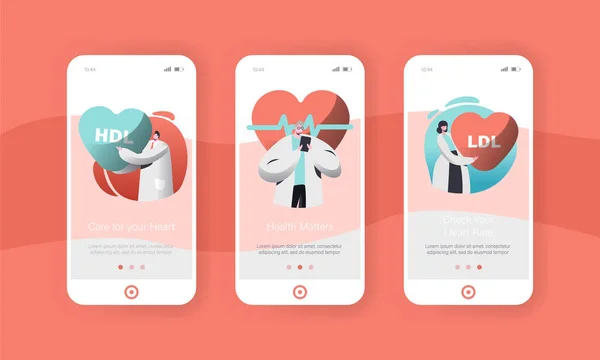 男性と女性循環器医師または医療ワーカー モバイル アプリ ページ搭載スクリーン セットです。ウェブサイトの患者パルス心拍数や医療をチェックします。フラット漫画のベクトル図 — ストックベクタ