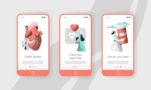 Hospital Cardiology Worker Care Heart Health App Page Onboard Screen Set Template (dalam bahasa Inggris). Bantuan darurat Bantuan pertama atau Konsep Kesehatan untuk Website. Ilustrasi Vektor Kartun Datar - Stok Vektor