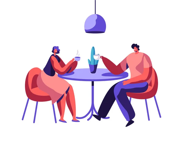 Αγάπη ζευγάρι ή ζευγάρι αρσενικό θηλυκό φίλος κάθονται στο τραπέζι πίνουν καφέ έχουν συζήτηση. Χαμογελαστός άνθρωπος και γυναίκα φιλική συνάντηση στο Cafe. Ο φίλος και η φίλη ημερομηνία. Επίπεδη καρτούν εικονογράφηση φορέα — Διανυσματικό Αρχείο